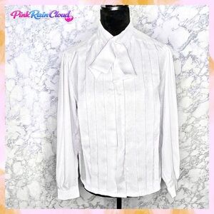 Josephine 80s White Ascot Pleated Textured Blouse Women’s 10 Petite